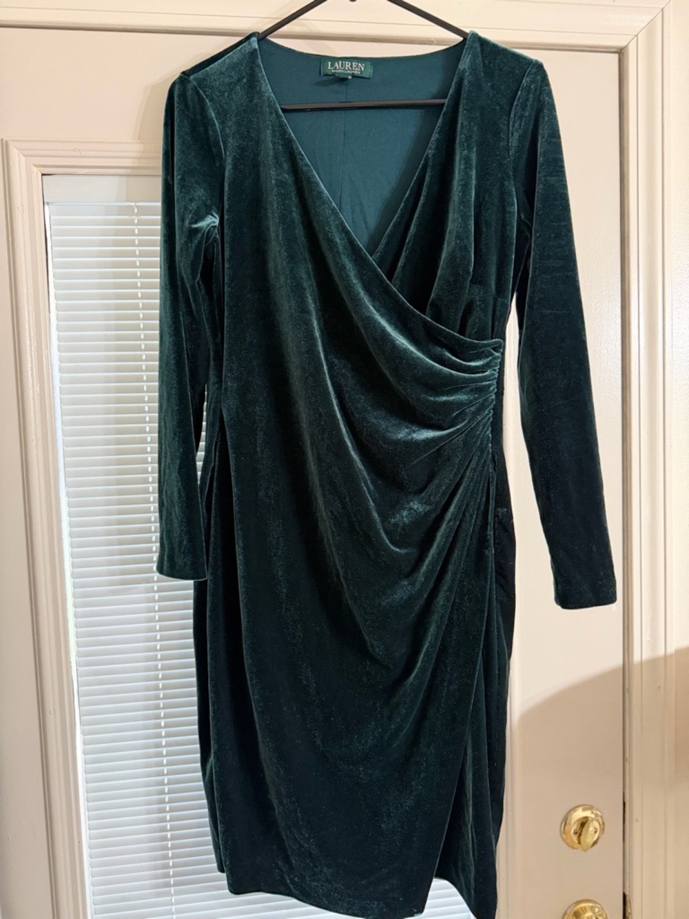 Lauren Ralph Lauren Deep Green Velvet Wrap-Style Long Sleeve Dress